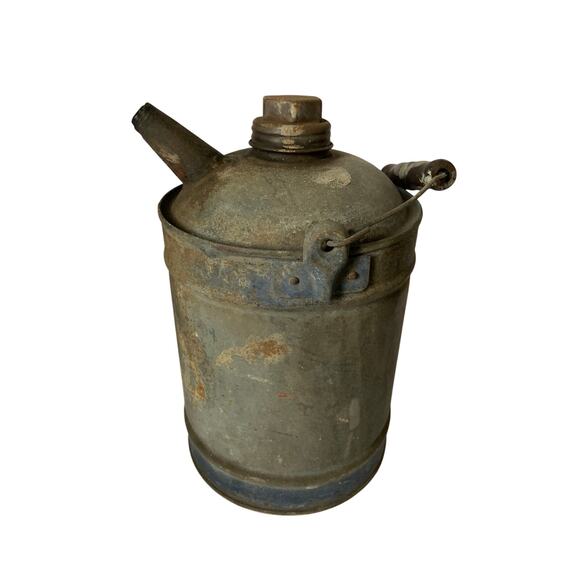 Vintage Galvanized Oil Can with Wooden Handle 10.5" H x 6" W - Picture 1 of 6